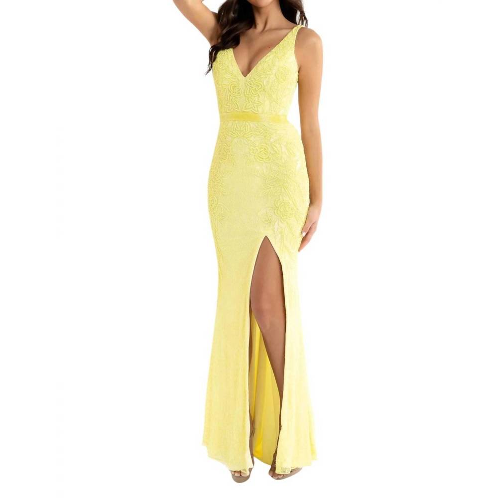 NEW PRIMAVERA v- neck beaded prom dress in yellow